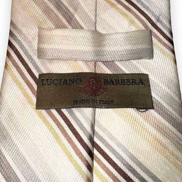 Luciano Barbera Tan Striped Handmade Silk & Linen Tie - Picture 3 of 7